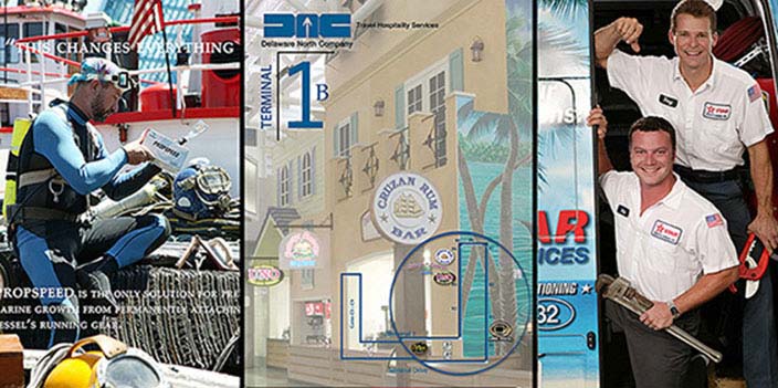 Corporate Branding Photography Fort Lauderdale 3 photos. Man in scuba gear reading, exterior of restaurant, 2 men in plumbing truck smiling.